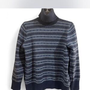 LL Bean sz L cotton cashmere Navy Blue Patterned Sweater nordic fair isle
